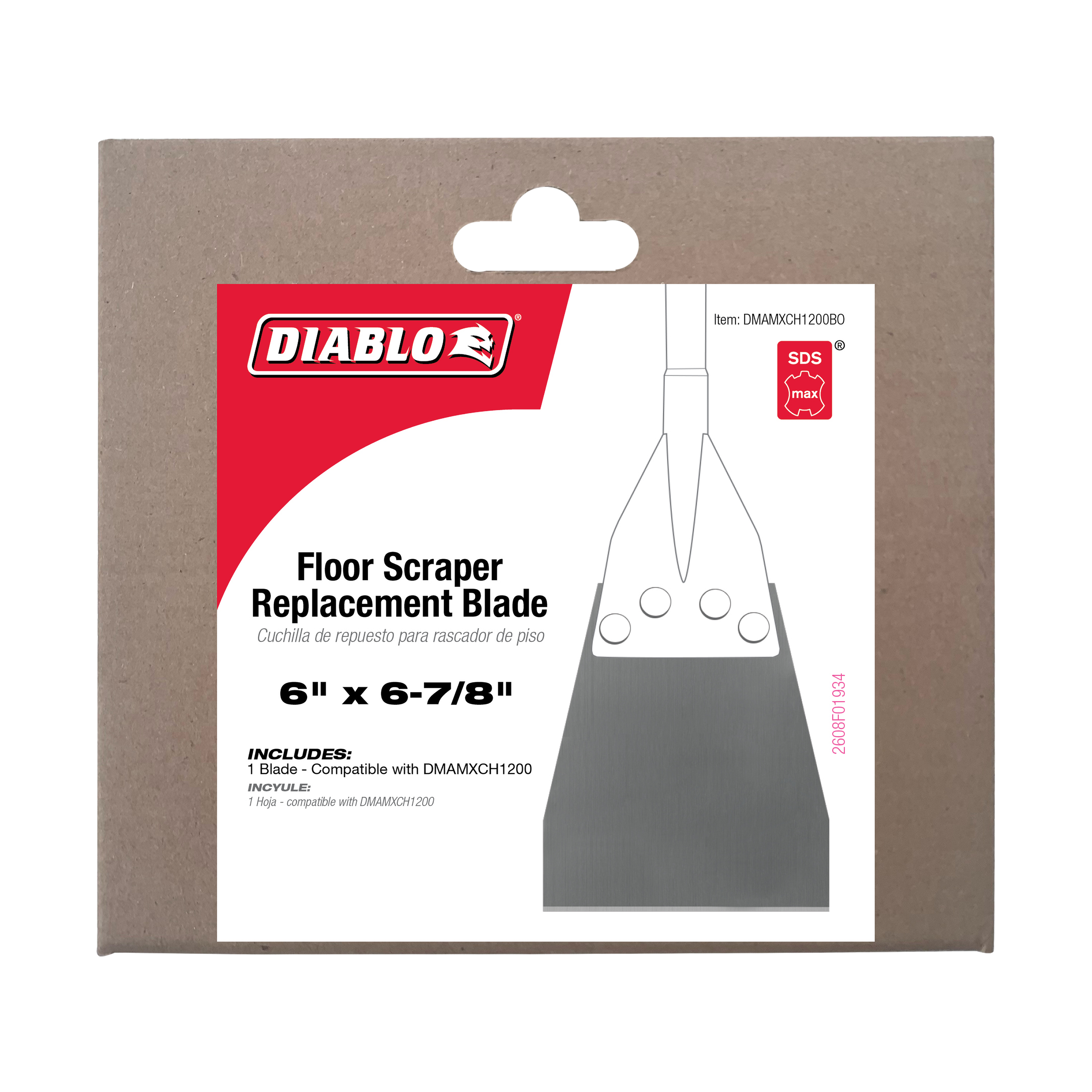 Diablo floor scraper replacement blade package with 6" x 6-7/8" gray metal blade and SDS-Max connection.