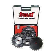 Freud SD608 8" stacked dado saw set in black carrying case with three interchangeable blades and accessories.