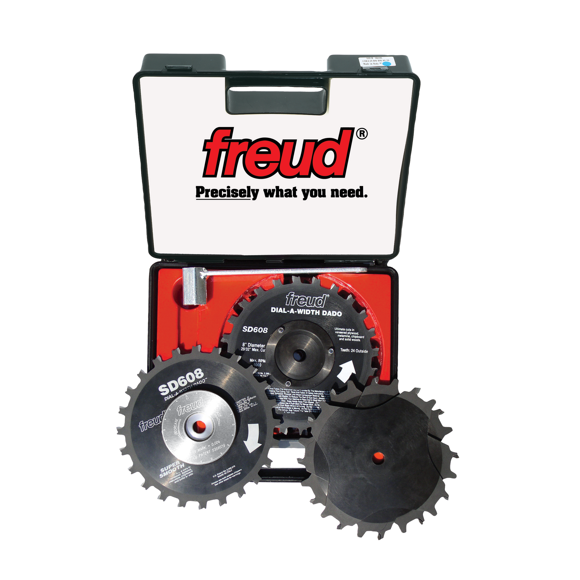 Freud SD608 8" stacked dado saw set in black carrying case with three interchangeable blades and accessories.