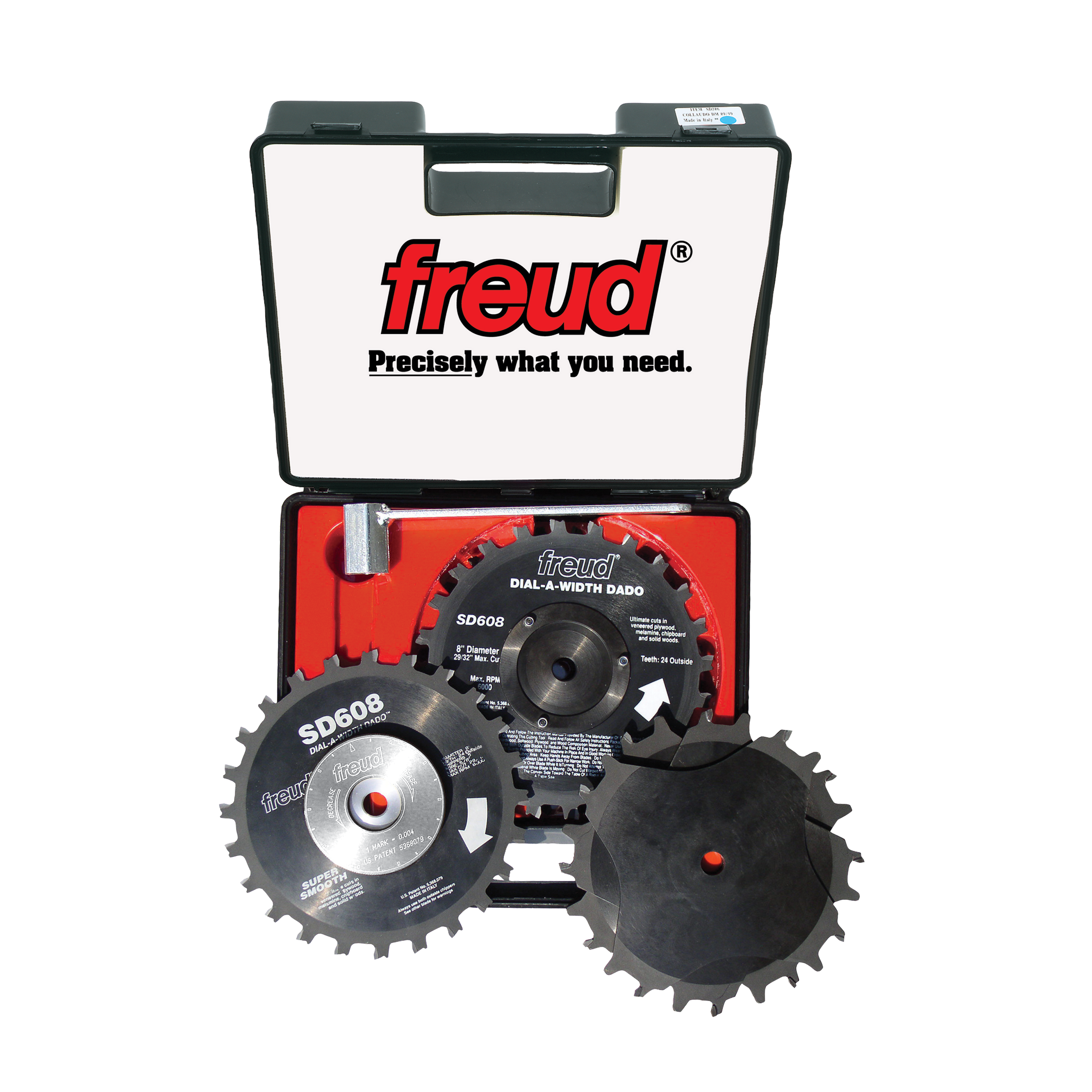 Freud SD608 8" stacked dado saw set in black carrying case with three interchangeable blades and accessories.