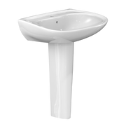 White oval pedestal sink with single faucet hole and cylindrical base.