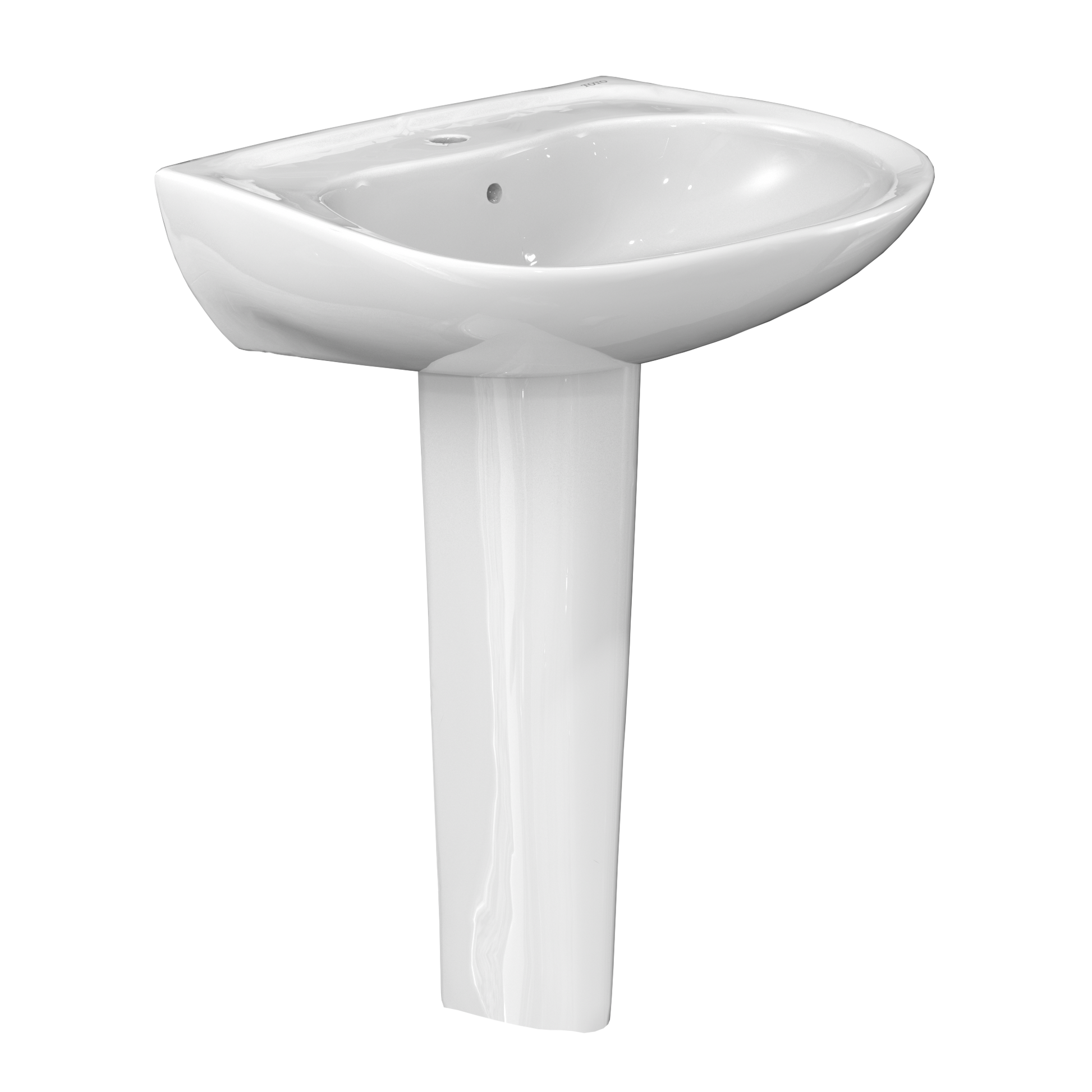 White oval pedestal sink with single faucet hole and cylindrical base.