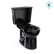 Ebony two-piece toilet with round bowl, tank, and lever flush handle on left side.