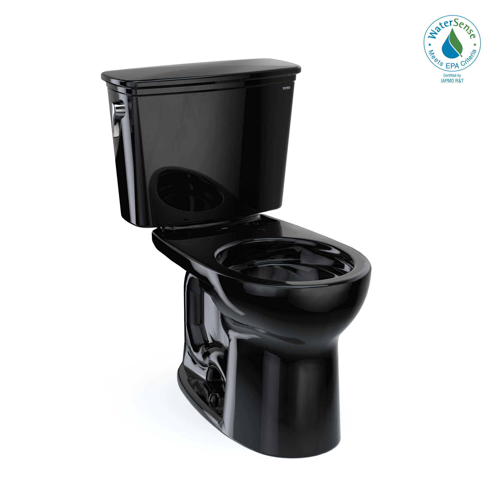 Ebony two-piece toilet with round bowl, tank, and lever flush handle on left side.