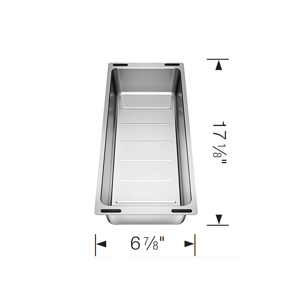 Stainless steel rectangular colander with horizontal slats and mounting brackets, 6 7/8" wide by 17 1/8" long.