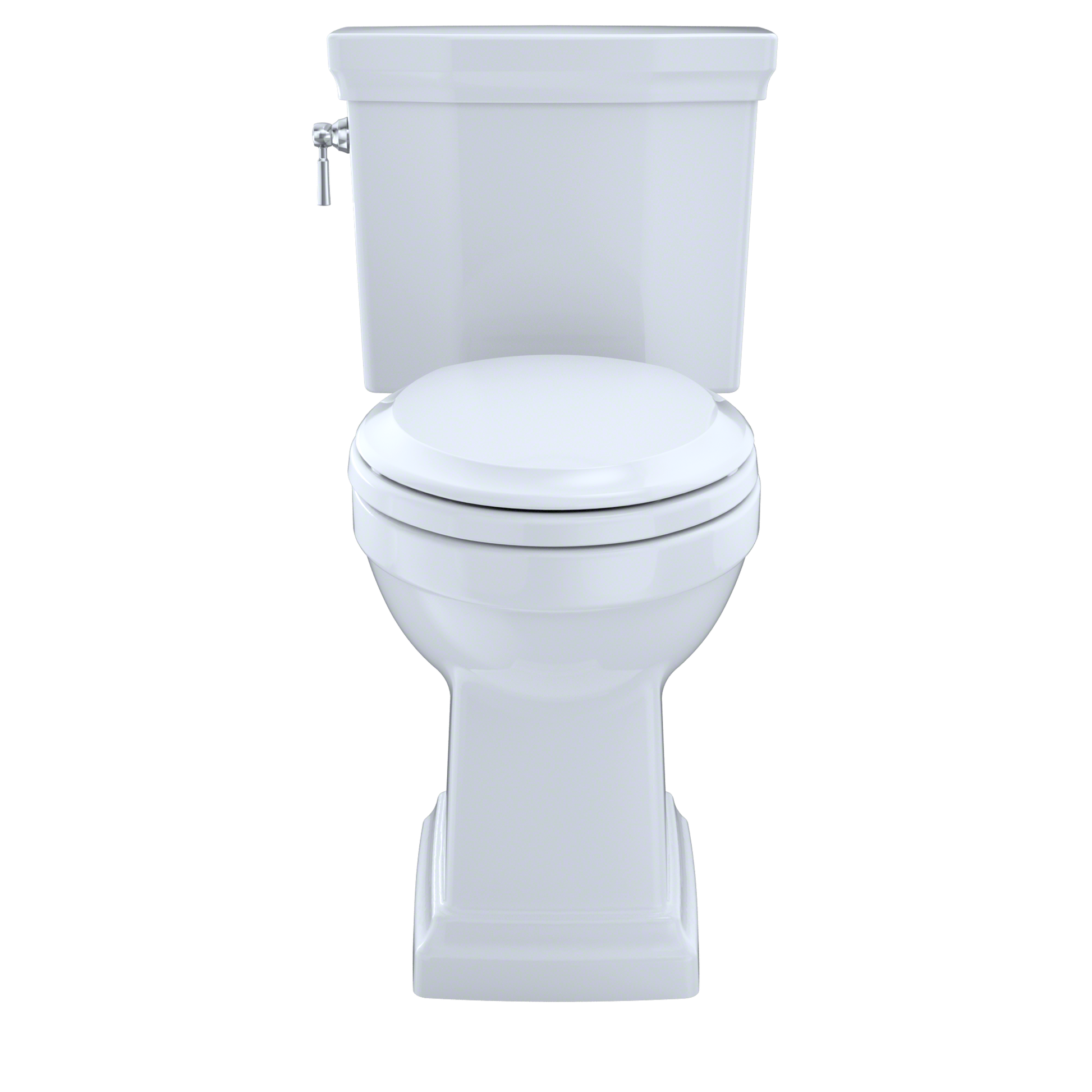 Cotton white two-piece elongated toilet with closed seat and tank featuring side lever handle.
