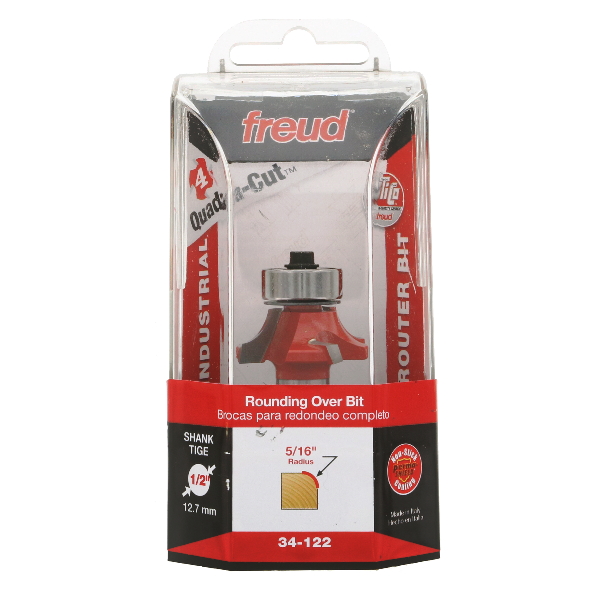 Freud 34-122 rounding over bit with red body, metal shank, and 5/16" radius in clear plastic clamshell package.