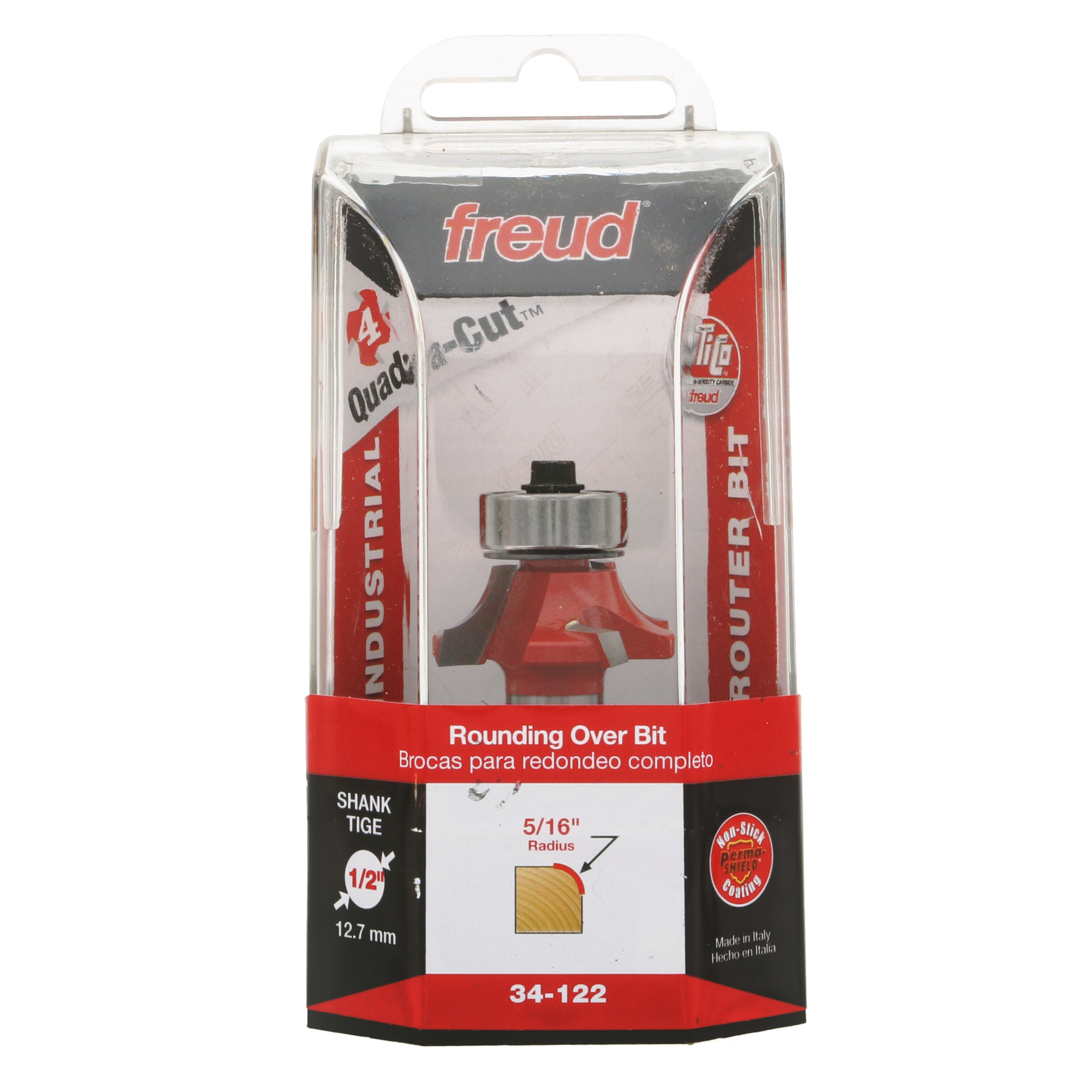 Freud 34-122 rounding over bit with red body, metal shank, and 5/16" radius in clear plastic clamshell package.