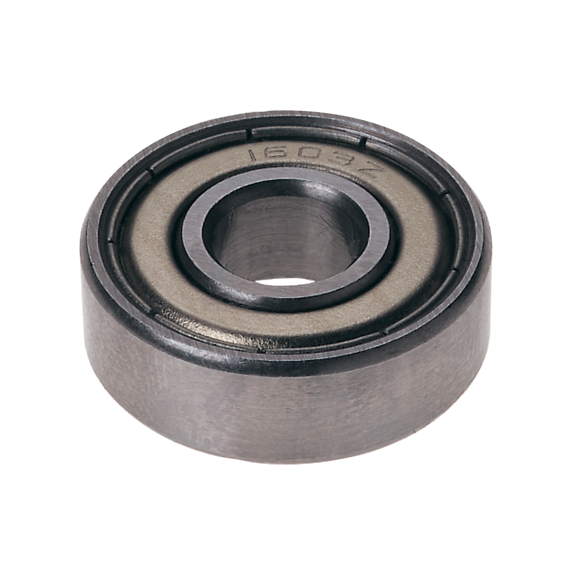 Metal ball bearing with black rubber seals and central hollow bore, marked with product number on outer ring.