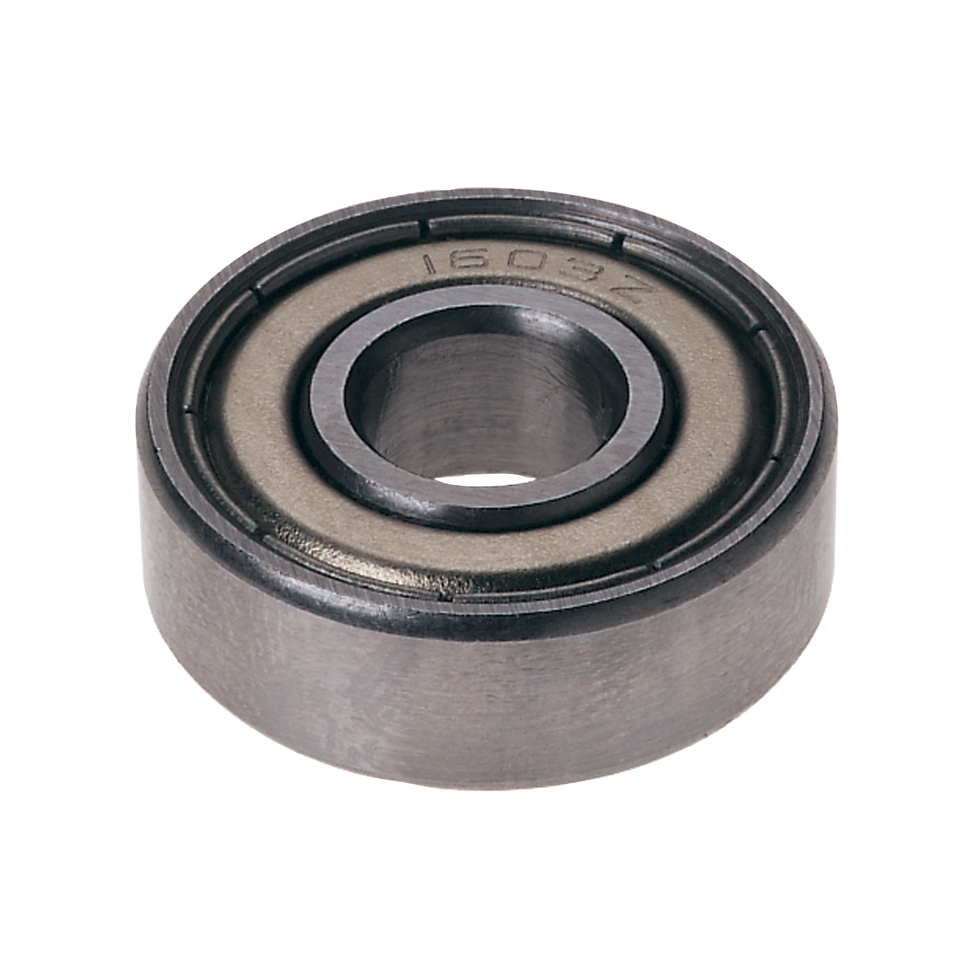 Metal ball bearing with black rubber seals and central hollow bore, marked with product number on outer ring.