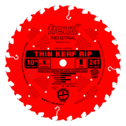 Red circular saw blade with 24 teeth, silver-tipped edges, white center hole, and black label marking "Thin Kerf Rip" specifi