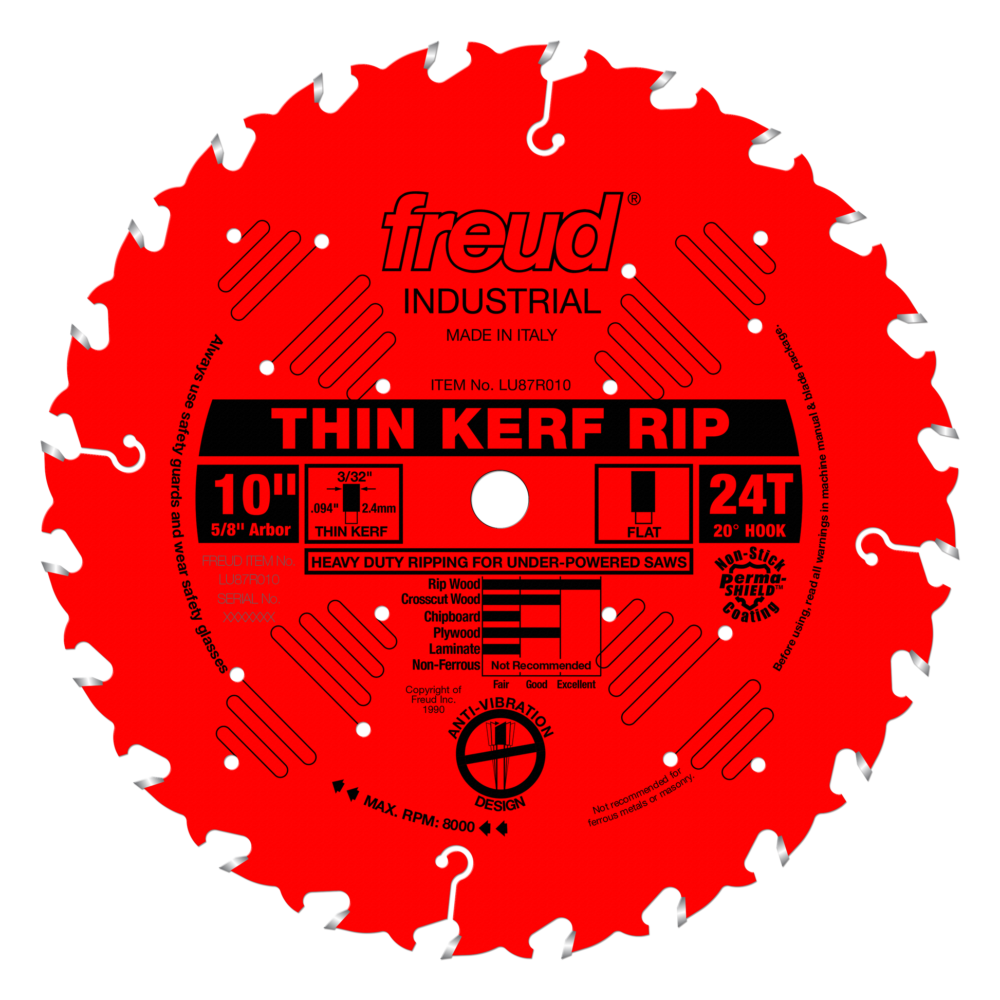 Red circular saw blade with 24 teeth, silver-tipped edges, white center hole, and black label marking "Thin Kerf Rip" specifi