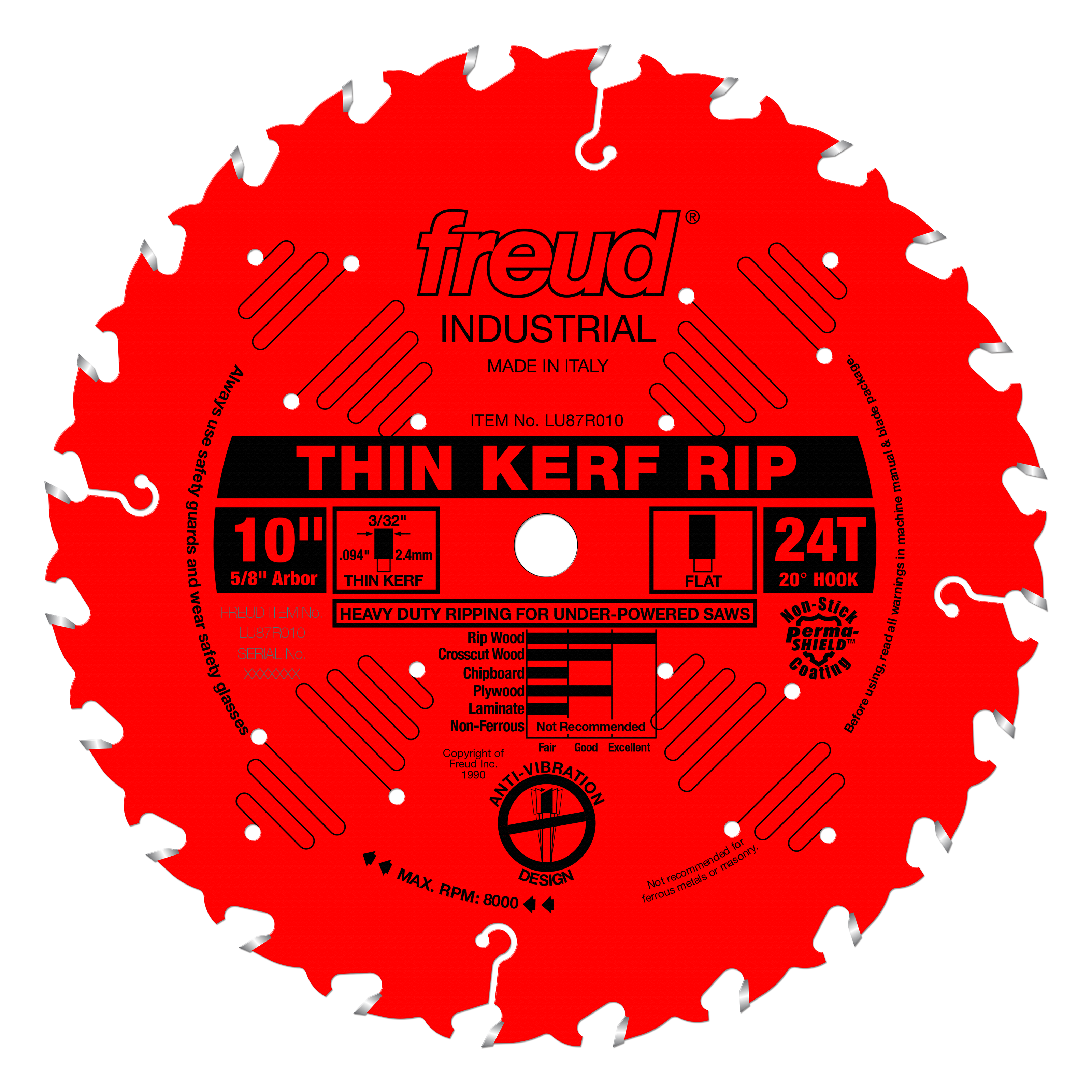 Red circular saw blade with 24 teeth, silver-tipped edges, white center hole, and black label marking "Thin Kerf Rip" specifi