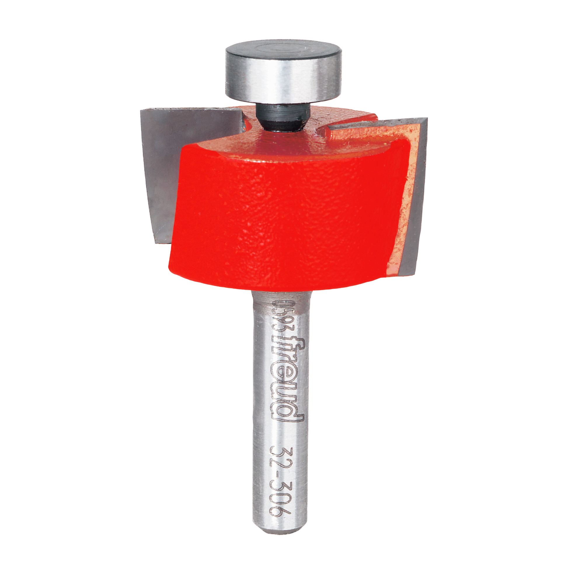 Freud 1-1/4" rabbeting bit with red cutting head, metal shank, and bearing guide, shown with wood sample demonstration.