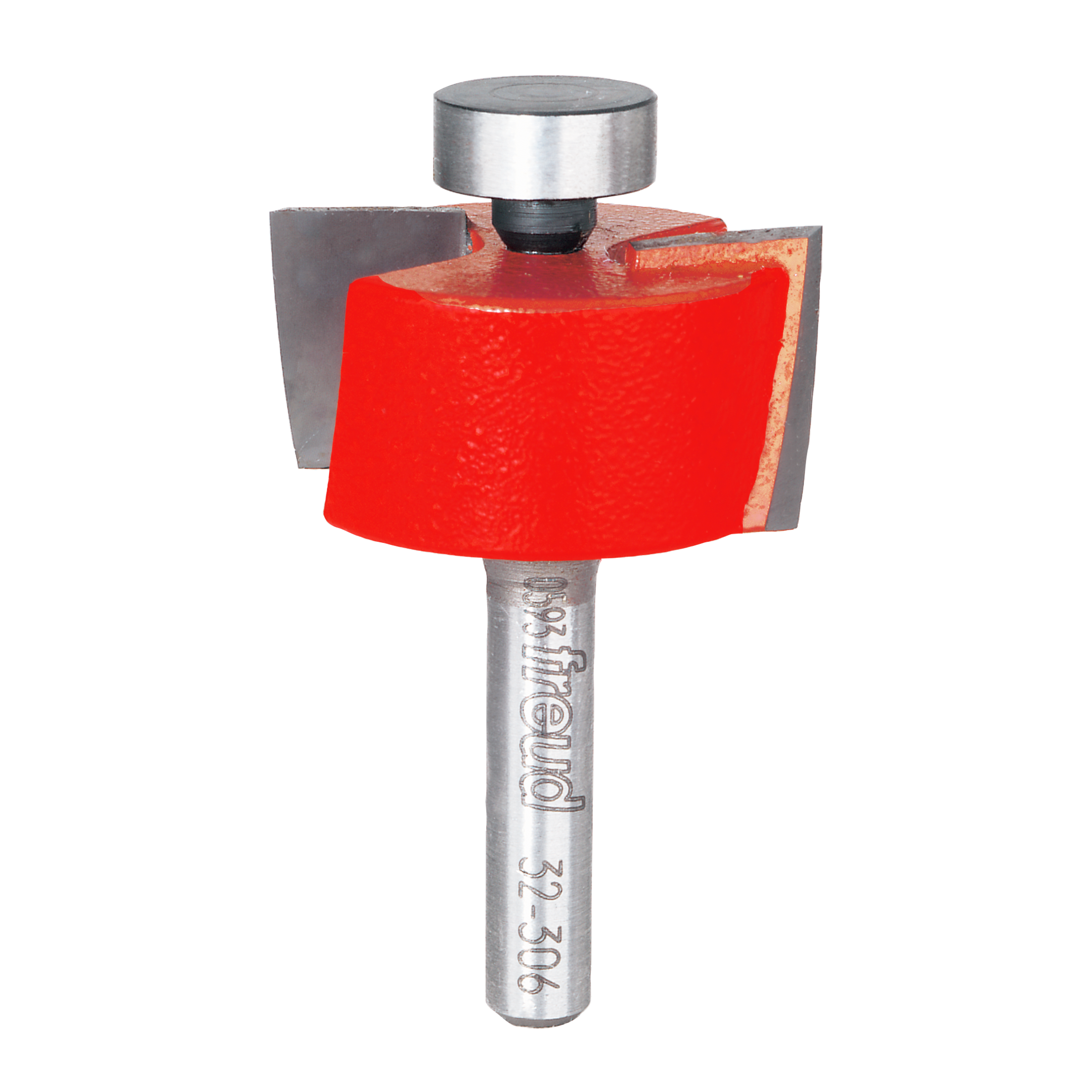 Freud 1-1/4" rabbeting bit with red cutting head, metal shank, and bearing guide, shown with wood sample demonstration.