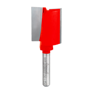 Red and silver double flute straight router bit with 1-inch diameter cutting head and cylindrical shank.