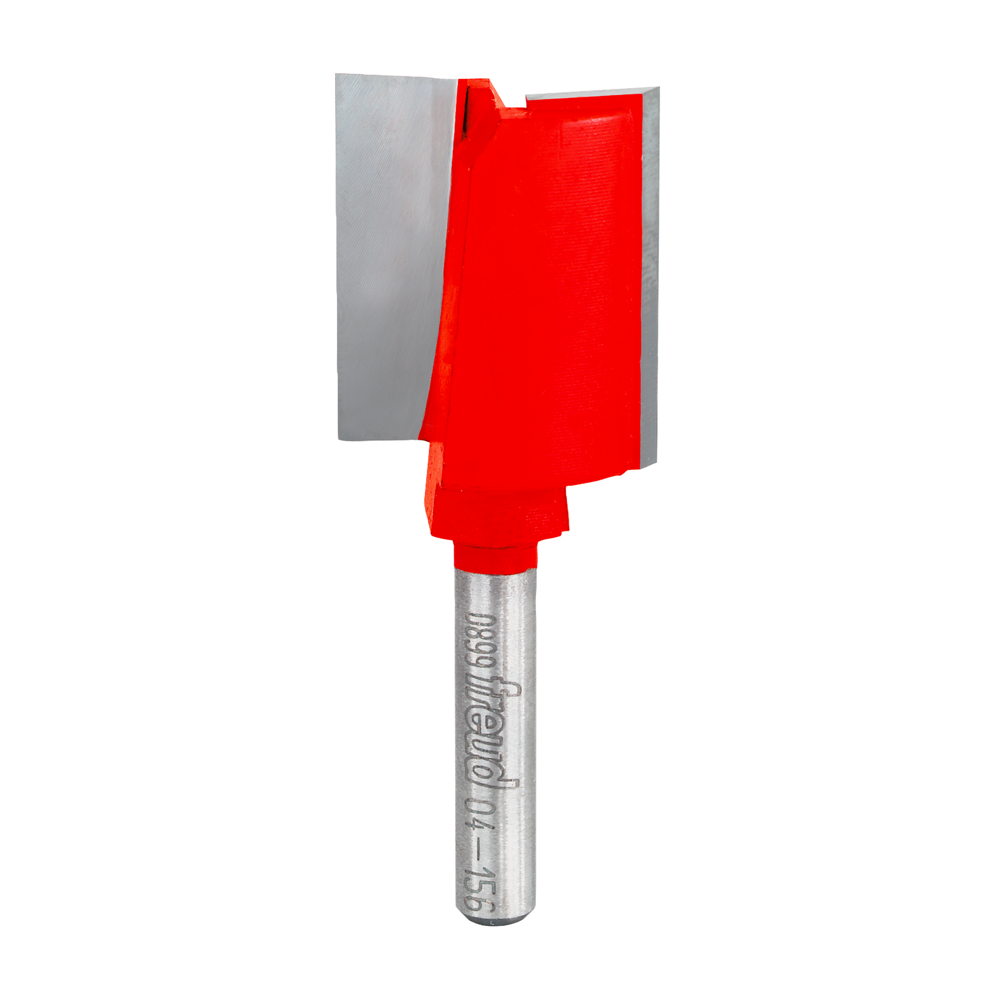 Red and silver double flute straight router bit with 1-inch diameter cutting head and cylindrical shank.