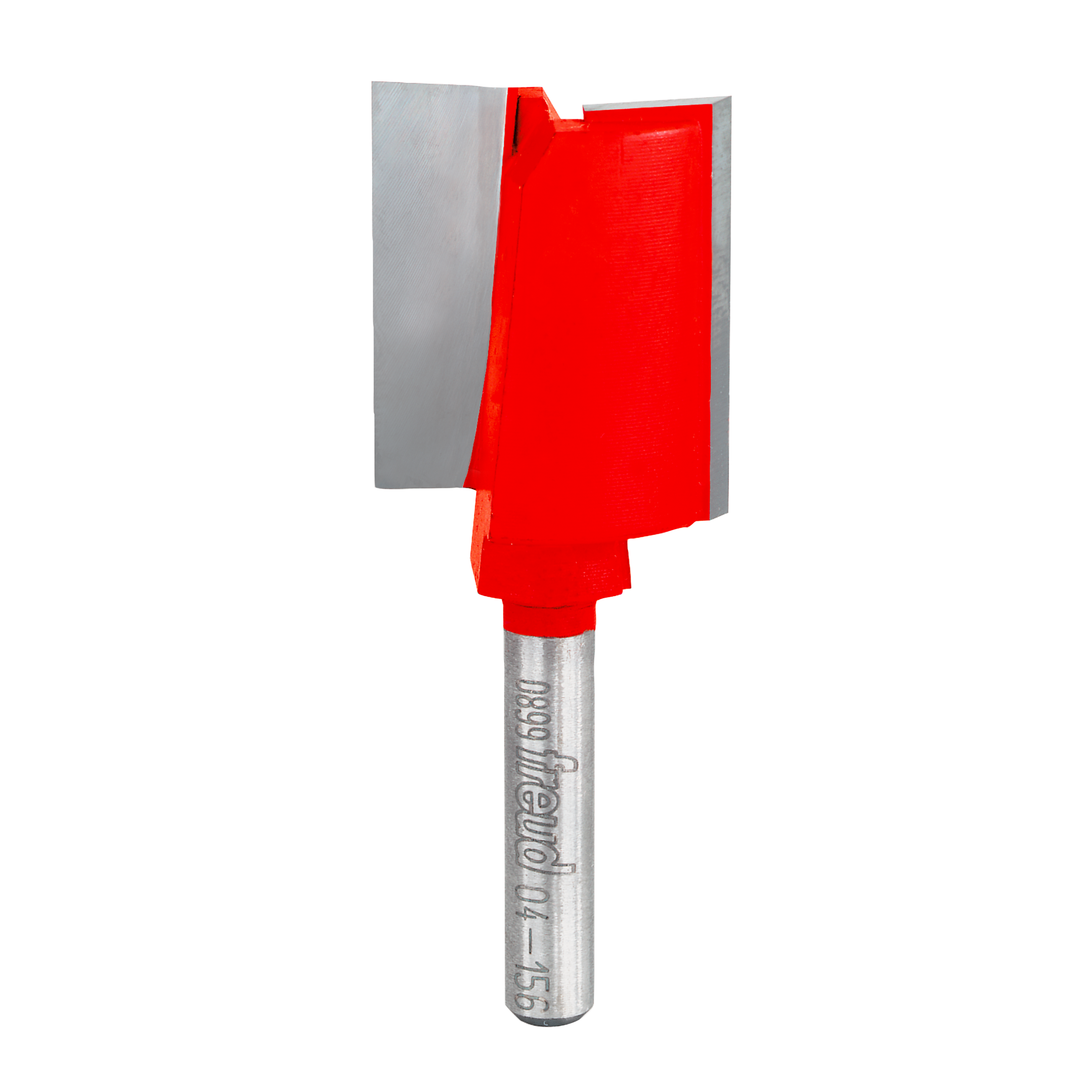 Red and silver double flute straight router bit with 1-inch diameter cutting head and cylindrical shank.
