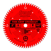 Red circular saw blade with 64 teeth, 8-inch diameter, 5/8-inch arbor, labeled "Freud Industrial Thin Kerf Crosscut."