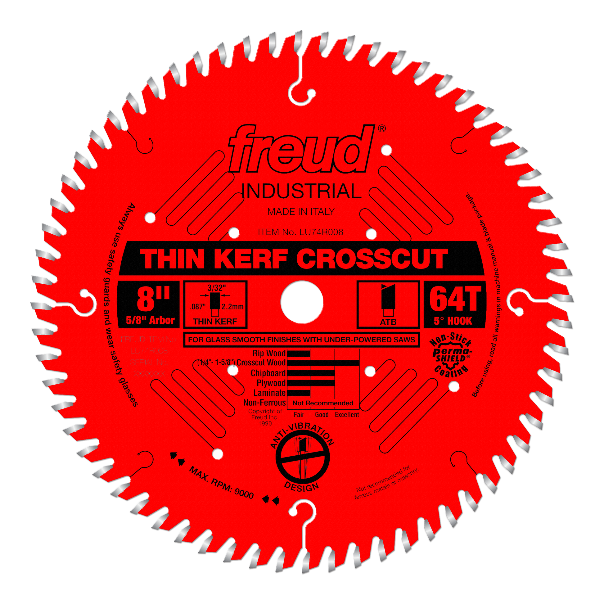 Red circular saw blade with 64 teeth, 8-inch diameter, 5/8-inch arbor, labeled "Freud Industrial Thin Kerf Crosscut."