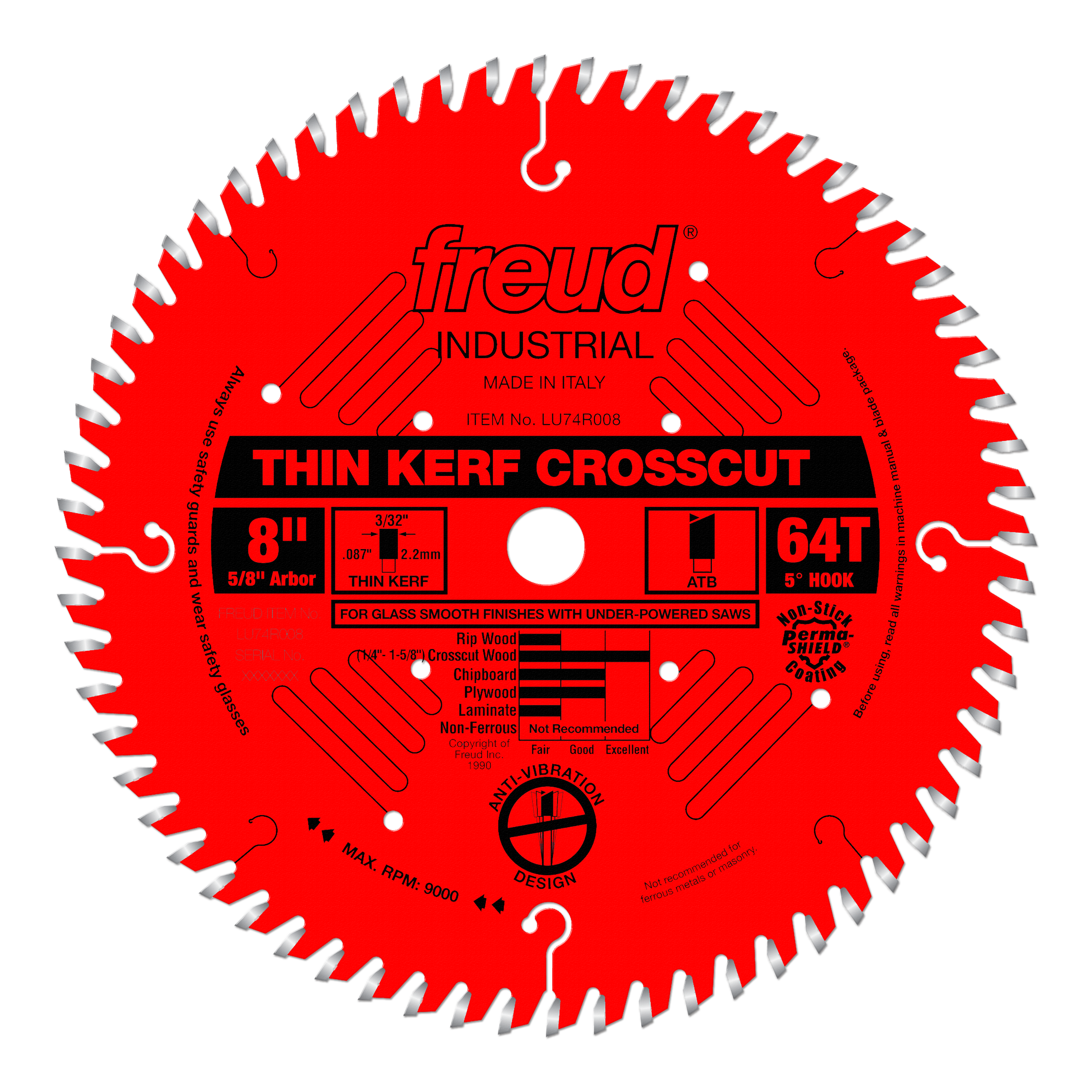 Red circular saw blade with 64 teeth, 8-inch diameter, 5/8-inch arbor, labeled "Freud Industrial Thin Kerf Crosscut."