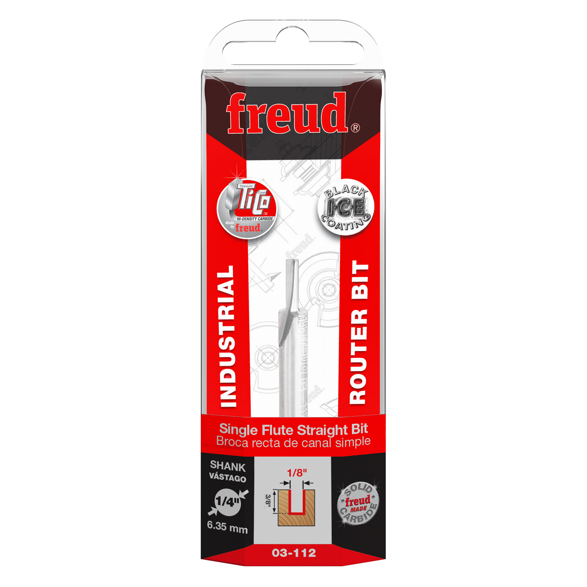 Freud 1/8" diameter single flute straight router bit with 1/4" shank in clear plastic packaging.