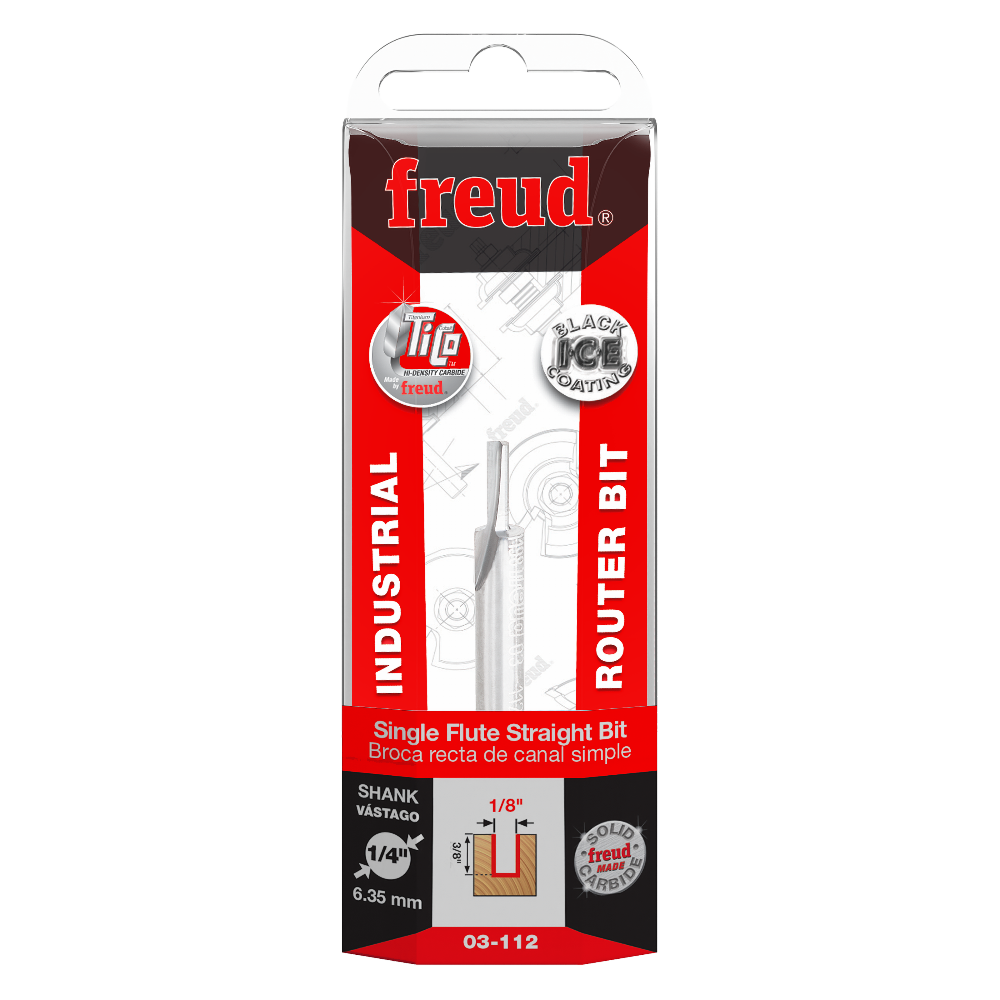 Freud 1/8" diameter single flute straight router bit with 1/4" shank in clear plastic packaging.