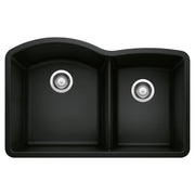 Coal black double bowl undermount kitchen sink with two circular drains and chrome strainers, viewed from above.