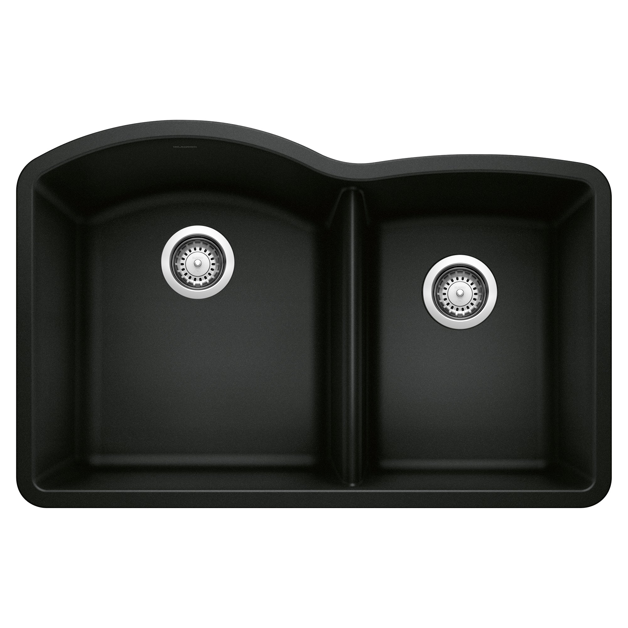 Coal black double bowl undermount kitchen sink with two circular drains and chrome strainers, viewed from above.
