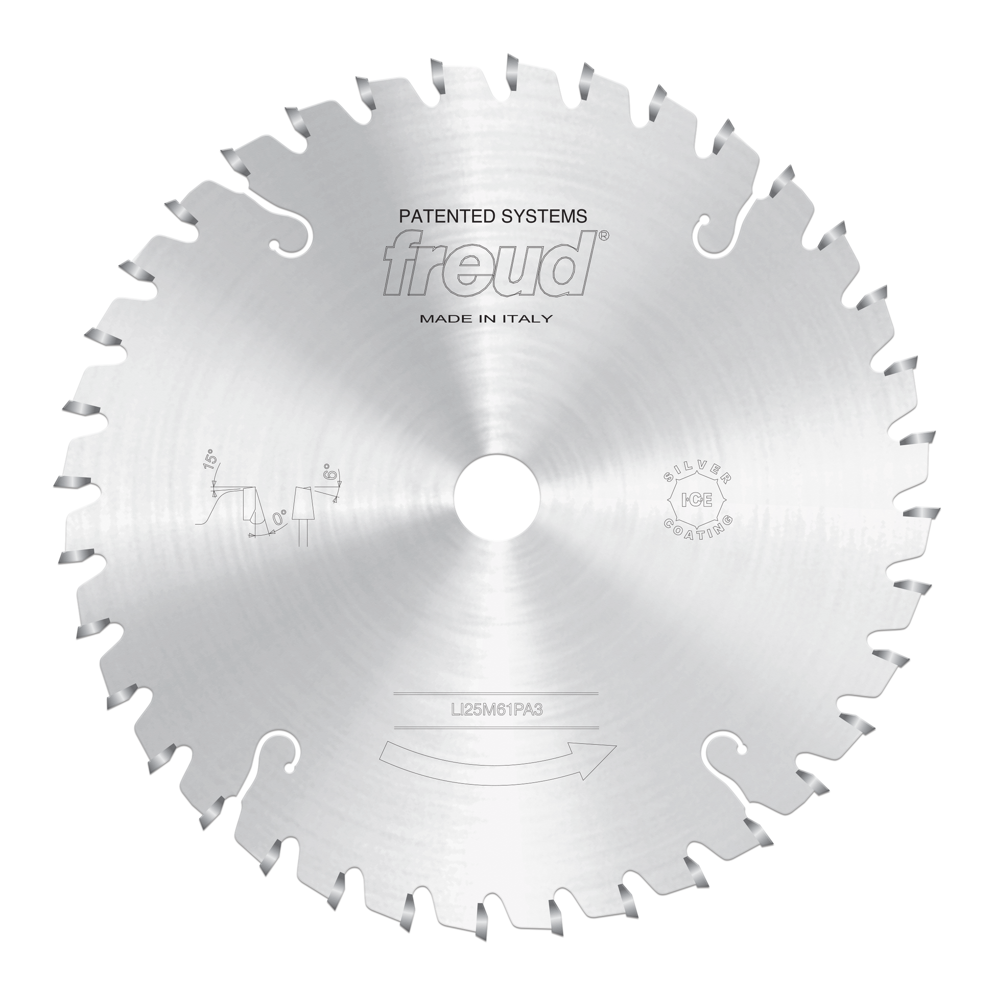 Circular saw blade with conical scoring teeth and central arbor hole, marked Freud, made in Italy.