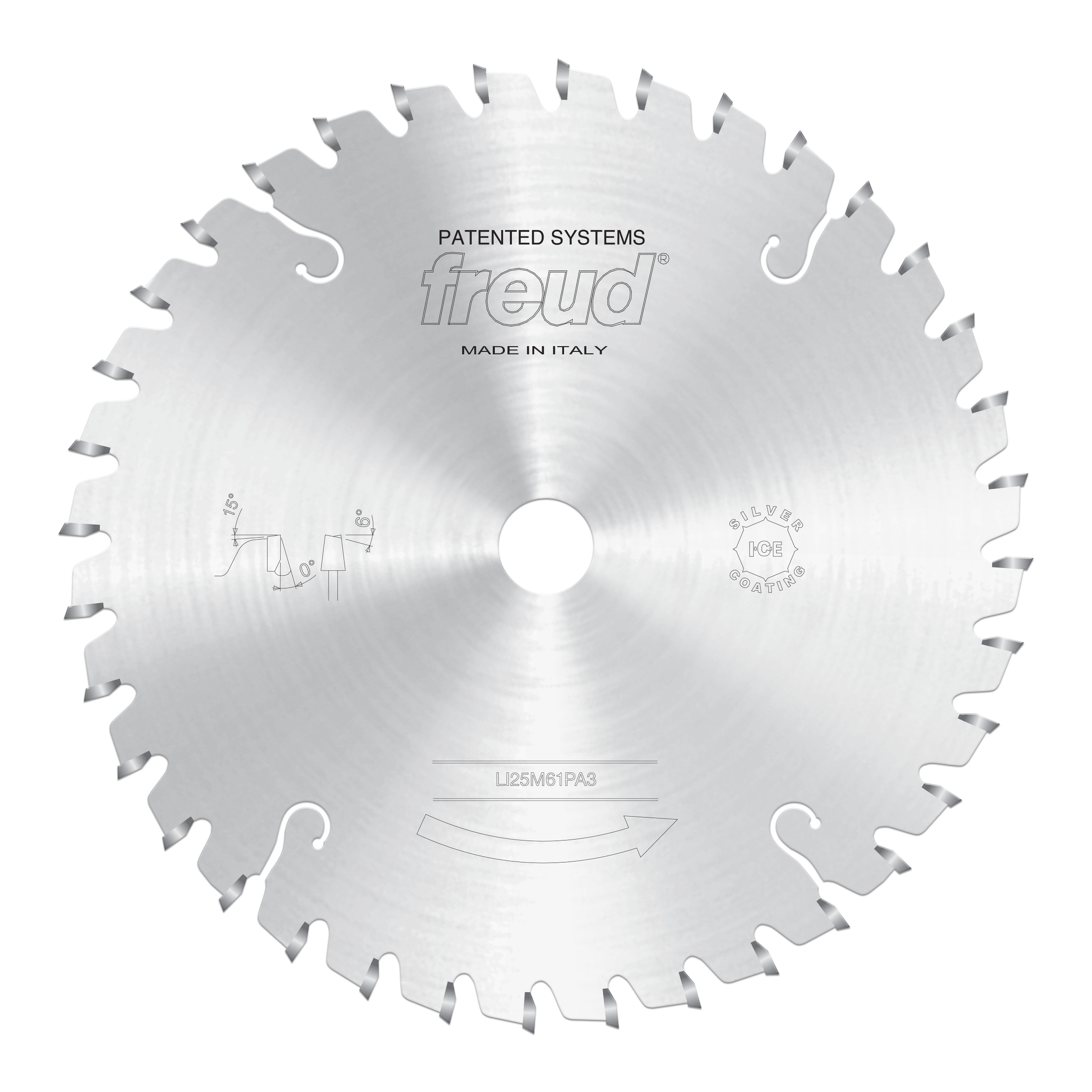 Circular saw blade with conical scoring teeth and central arbor hole, marked Freud, made in Italy.