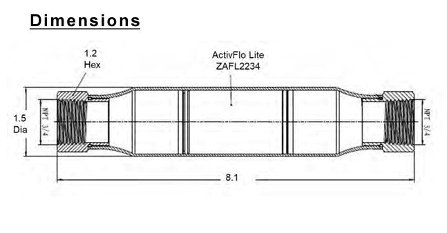 Technical diagram showing cylindrical water conditioner unit with hex connectors, 8.1 inches long, 1.5 inch diameter.