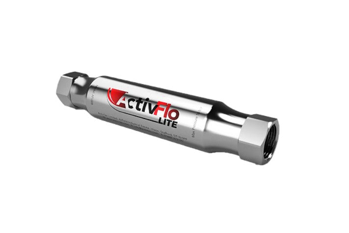 Cylindrical stainless steel water conditioner unit with red ActiveFlo Lite logo and threaded connections on each end.