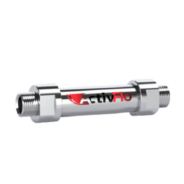 Zilmet ActivFlo cylindrical water conditioner with threaded male connectors on both ends and red branding label.