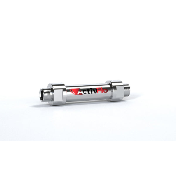 Zilmet ZAF010H water conditioner with chrome-plated brass housing, red ActivFlo label, and threaded male connectors on both e