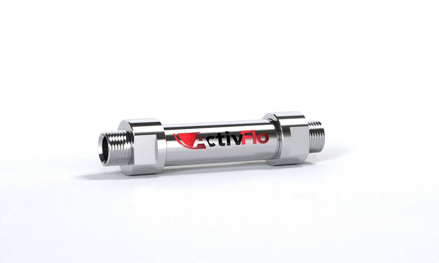 Cylindrical metal water conditioner with threaded connectors on each end and red ActivFlo branding label.
