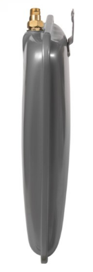 Gray flat rectangular hydronic tank with brass fitting at top and mounting bracket on side.