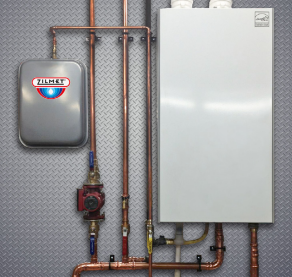 Flat rectangular white hydronic expansion tank with copper piping, brass fittings, and gray cylindrical pressure vessel mount