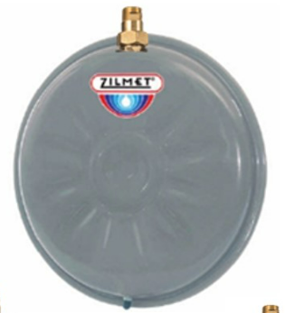 Gray flat round hydronic expansion tank with Zilmet logo and brass connection port at top.