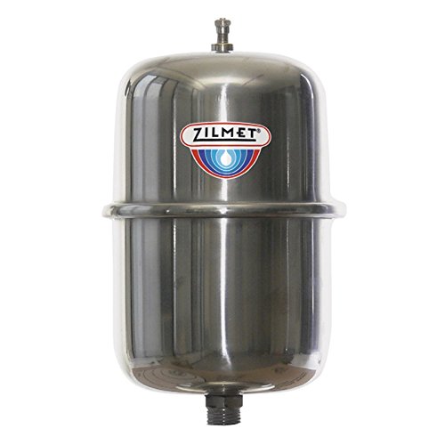 Zilmet stainless steel expansion tank with Zilmet logo and top valve connection, cylindrical shape.