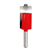 Router bit with red cutting head, silver bearing and shaft, and metal shank for flush trim applications.