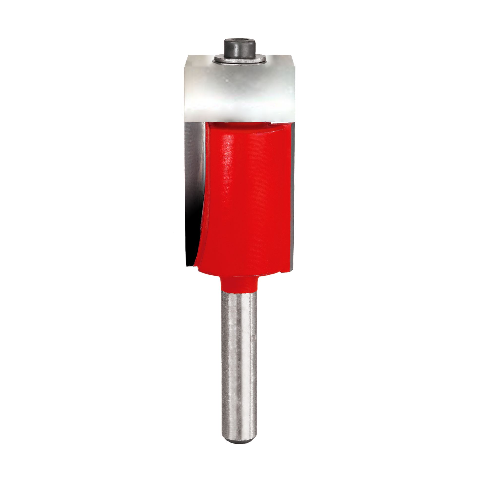 Router bit with red cutting head, silver bearing and shaft, and metal shank for flush trim applications.