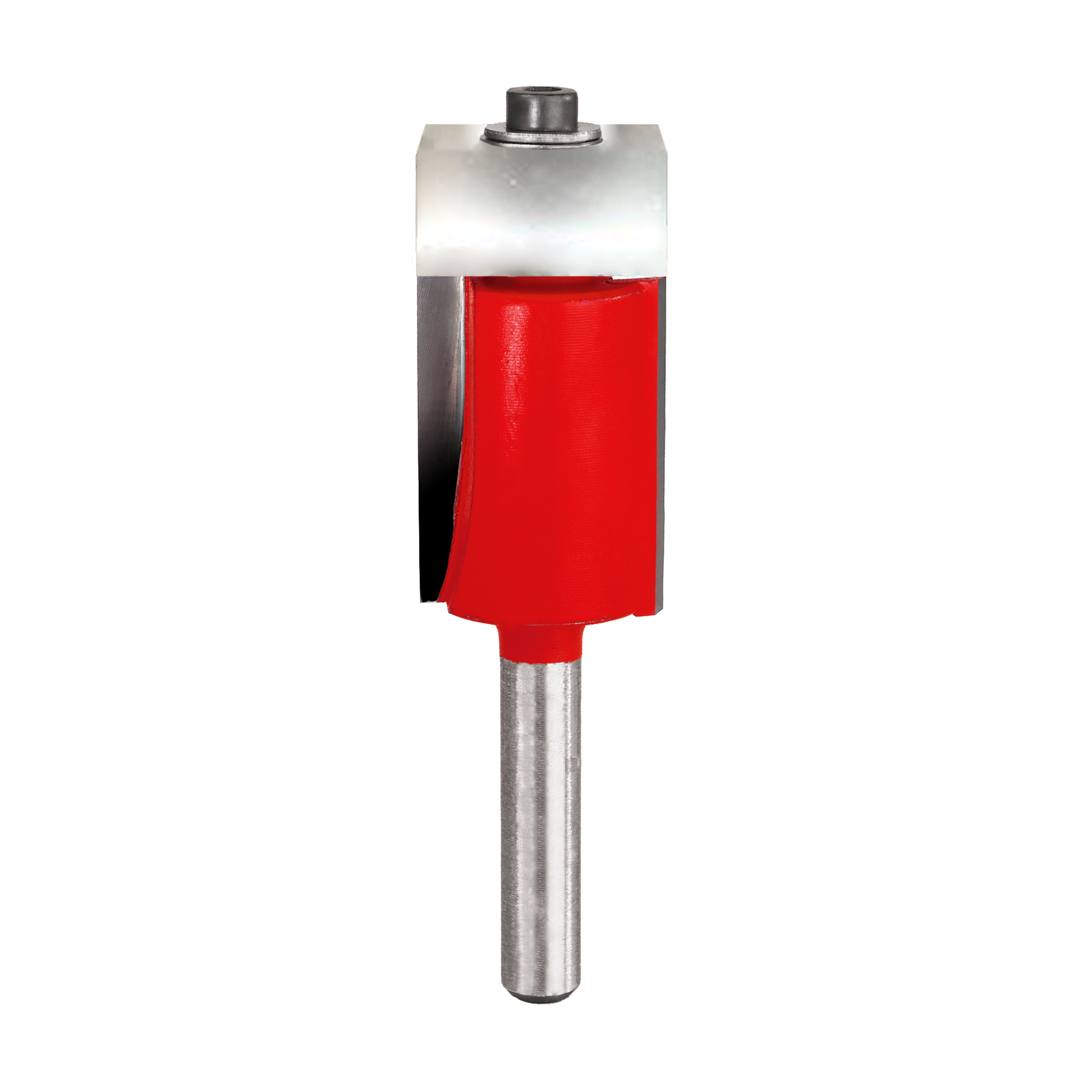 Router bit with red cutting head, silver bearing and shaft, and metal shank for flush trim applications.
