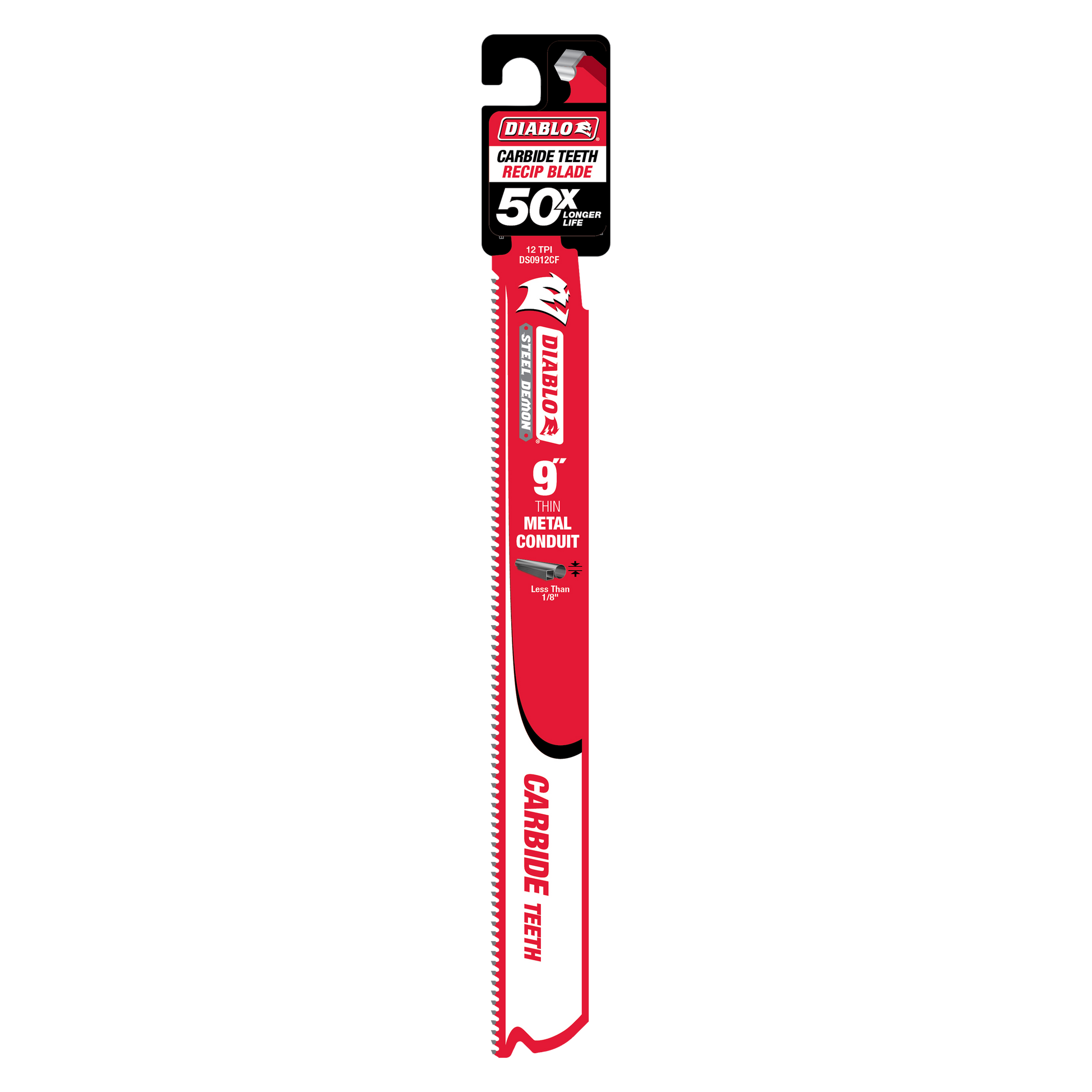 Diablo 9-inch reciprocating saw blade with carbide teeth in red and white packaging on white background.