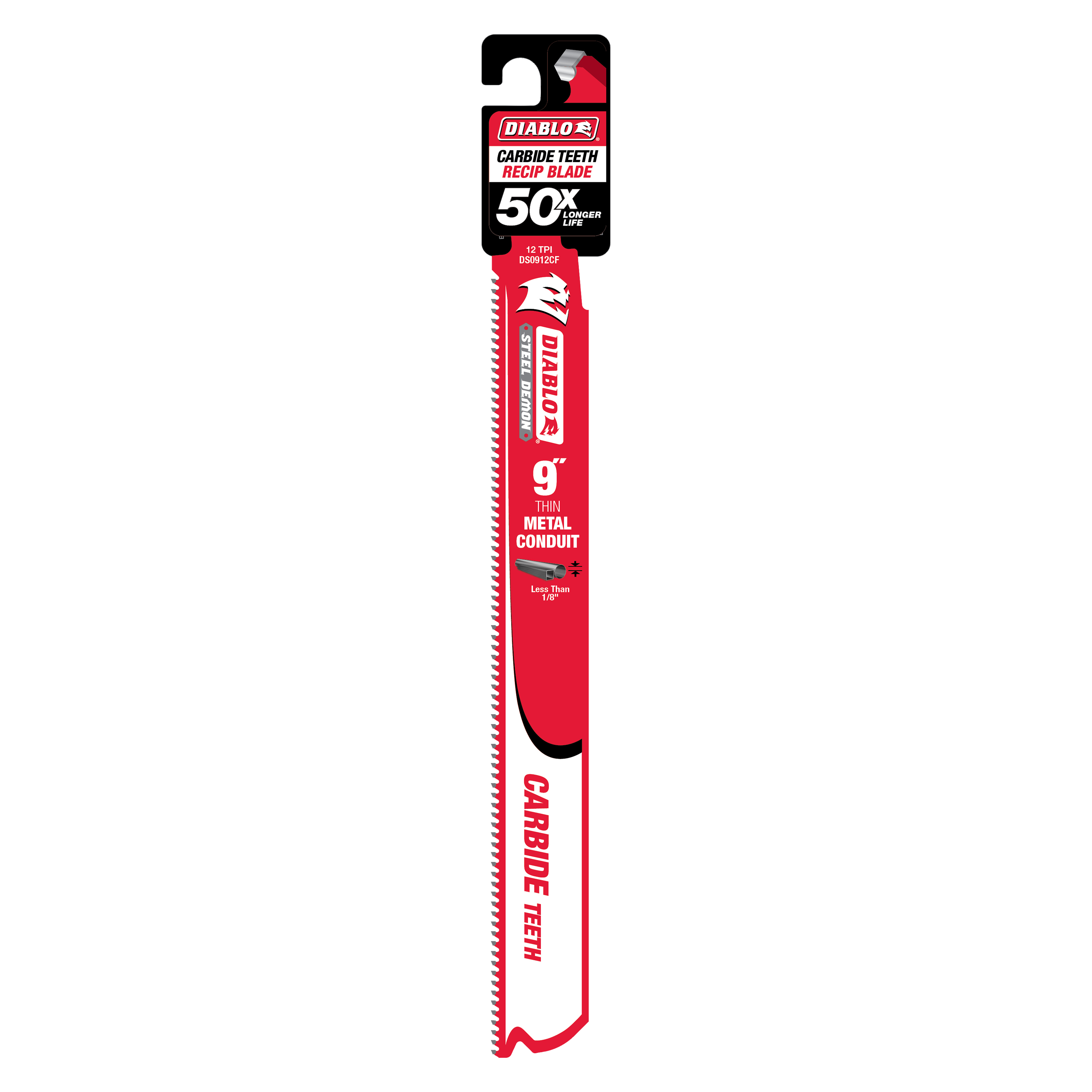 Diablo 9-inch reciprocating saw blade with carbide teeth in red and white packaging on white background.