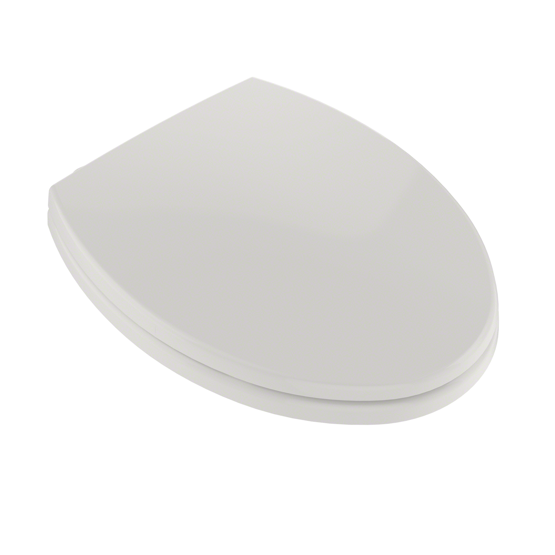 White elongated toilet seat and lid with rounded transitional design.