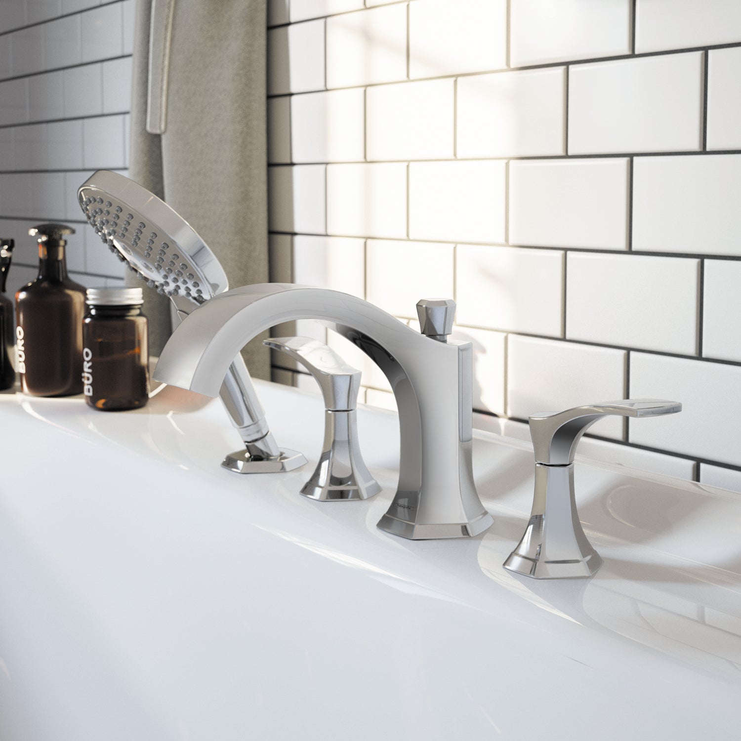 Chrome 4-hole roman tub set with curved spout, two handles, and handheld showerhead on white deck.
