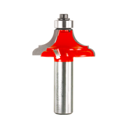 Router bit with red cutting head and silver metal shank, featuring classical curved edge profile design.