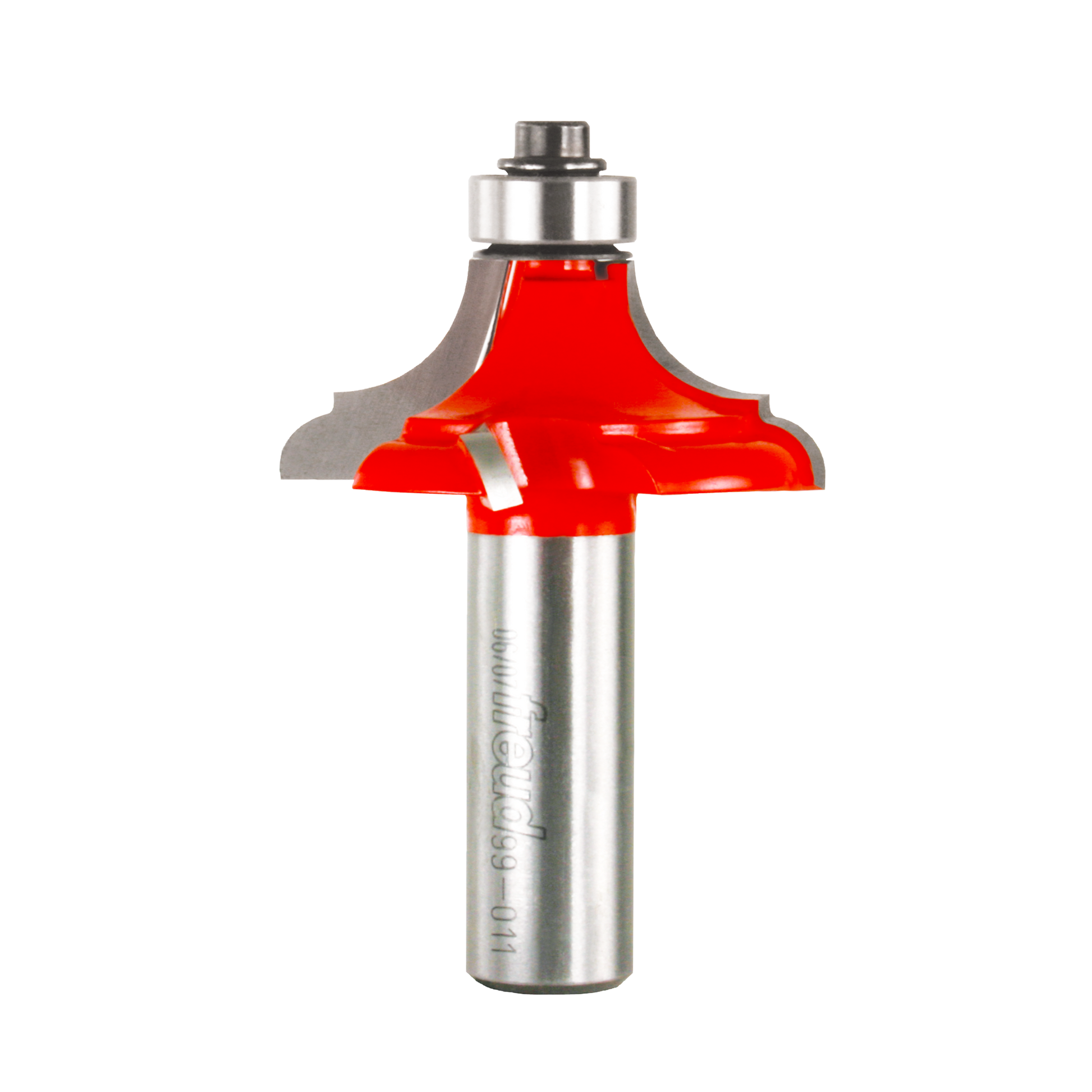 Router bit with red cutting head and silver metal shank, featuring classical curved edge profile design.