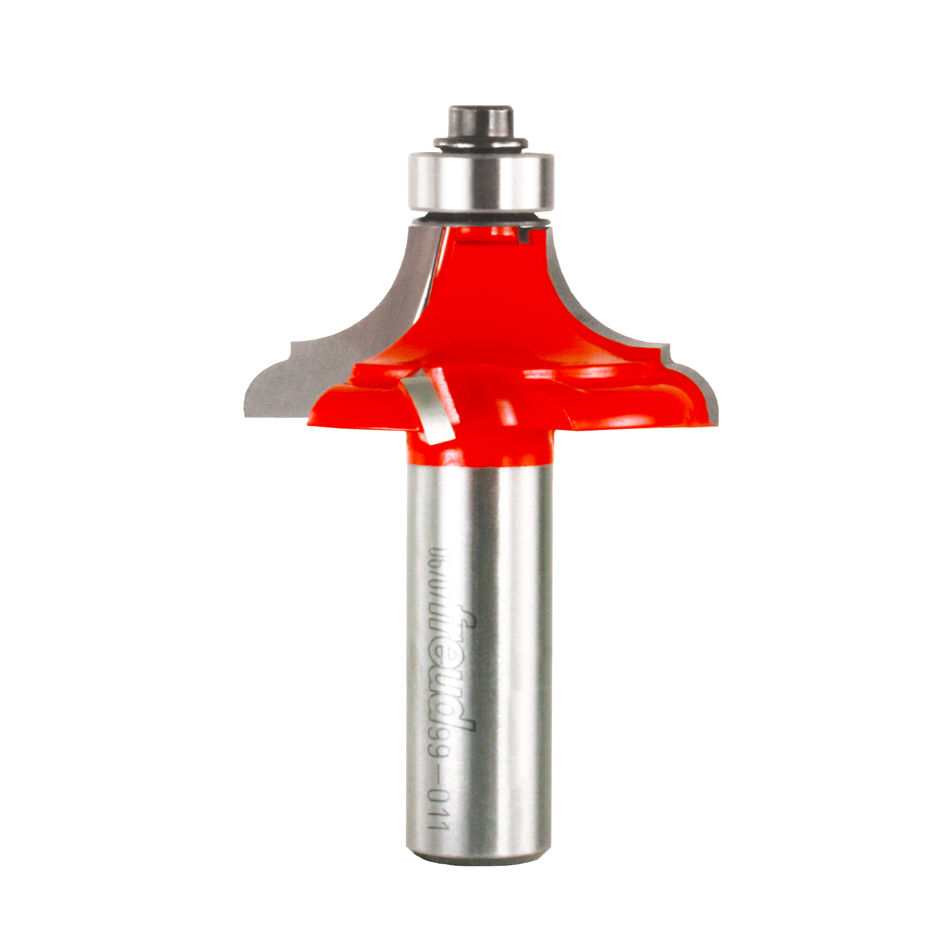 Router bit with red cutting head and silver metal shank, featuring classical curved edge profile design.